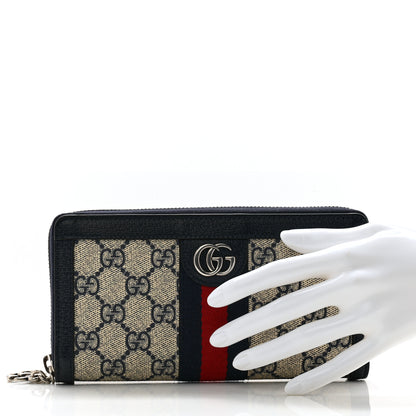 Gucci GG Supreme Monogram Textured Dollar Calfskin Web Ophidia Zip Around Wallet Beige Blue 2 of 10