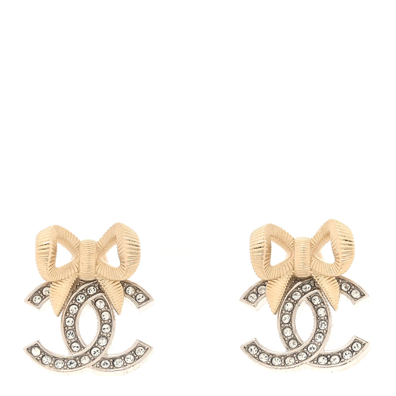 Chanel Crystal CC Bow Earrings Silver Gold 1 of 5