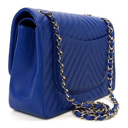 Chanel Lambskin Chevron Quilted Jumbo Double Flap Navy Blue 3 of 11