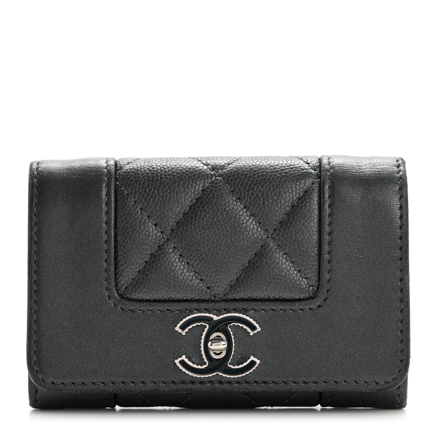 Metallic Caviar Quilted Vintage Mademoiselle Flap Card Holder Charcoal