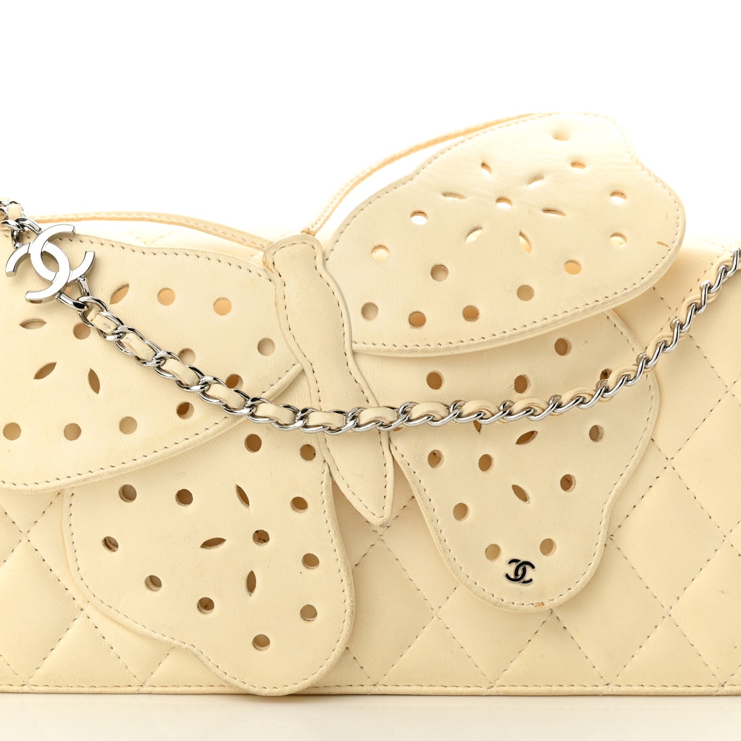 Lambskin Quilted Butterfly Chain Clutch White