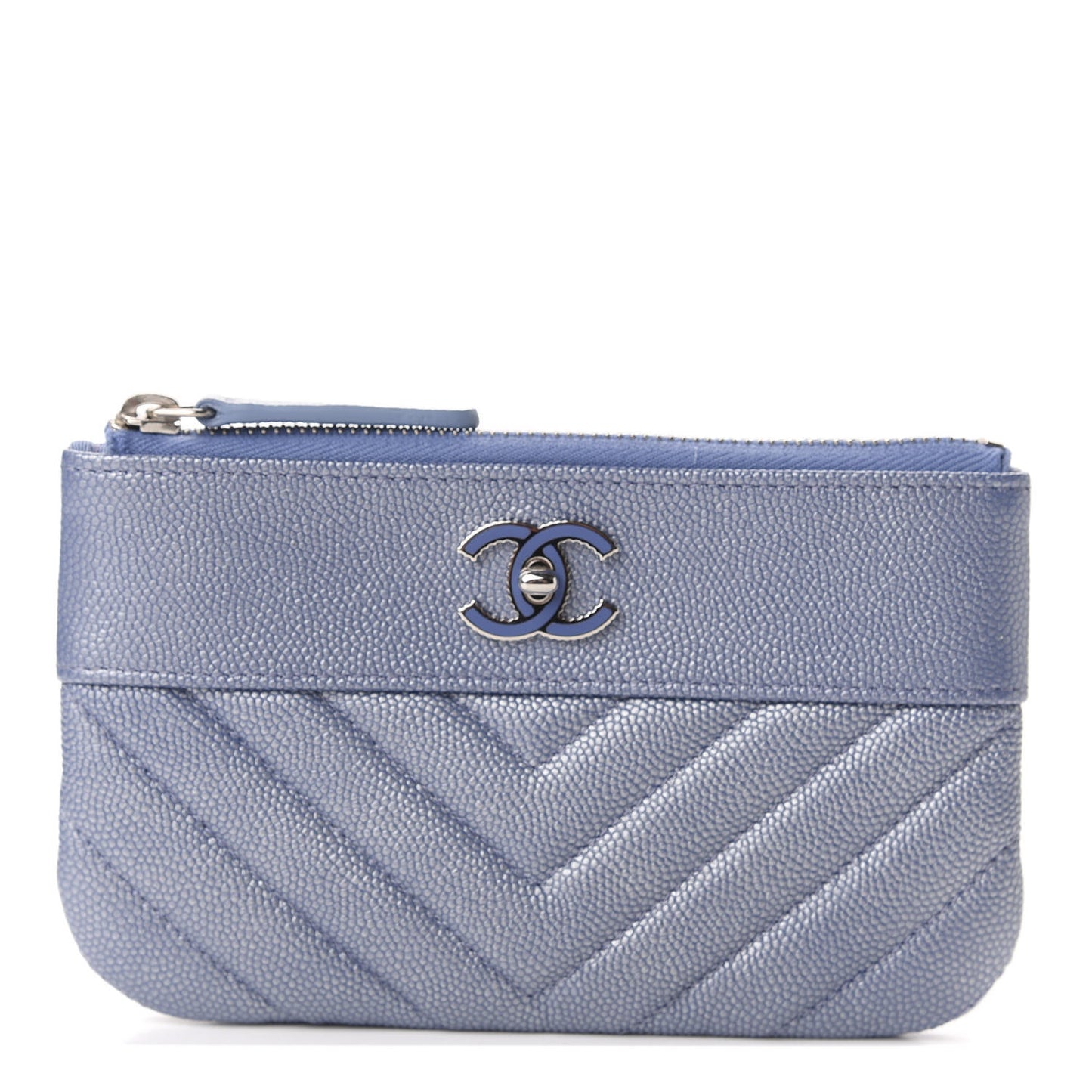 Metallic Caviar Chevron Quilted Small Vintage Mademoiselle Cosmetic Case Blue