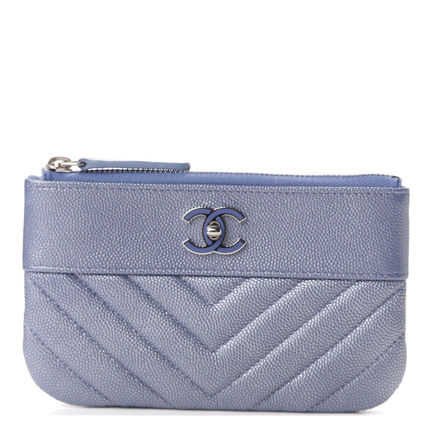 Chanel Metallic Caviar Chevron Quilted Small Vintage Mademoiselle Cosmetic Case Blue 1 of 8