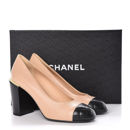 Chanel Lambskin Pearl Cap Toe Pumps 37.5 Beige Black 8 of 8