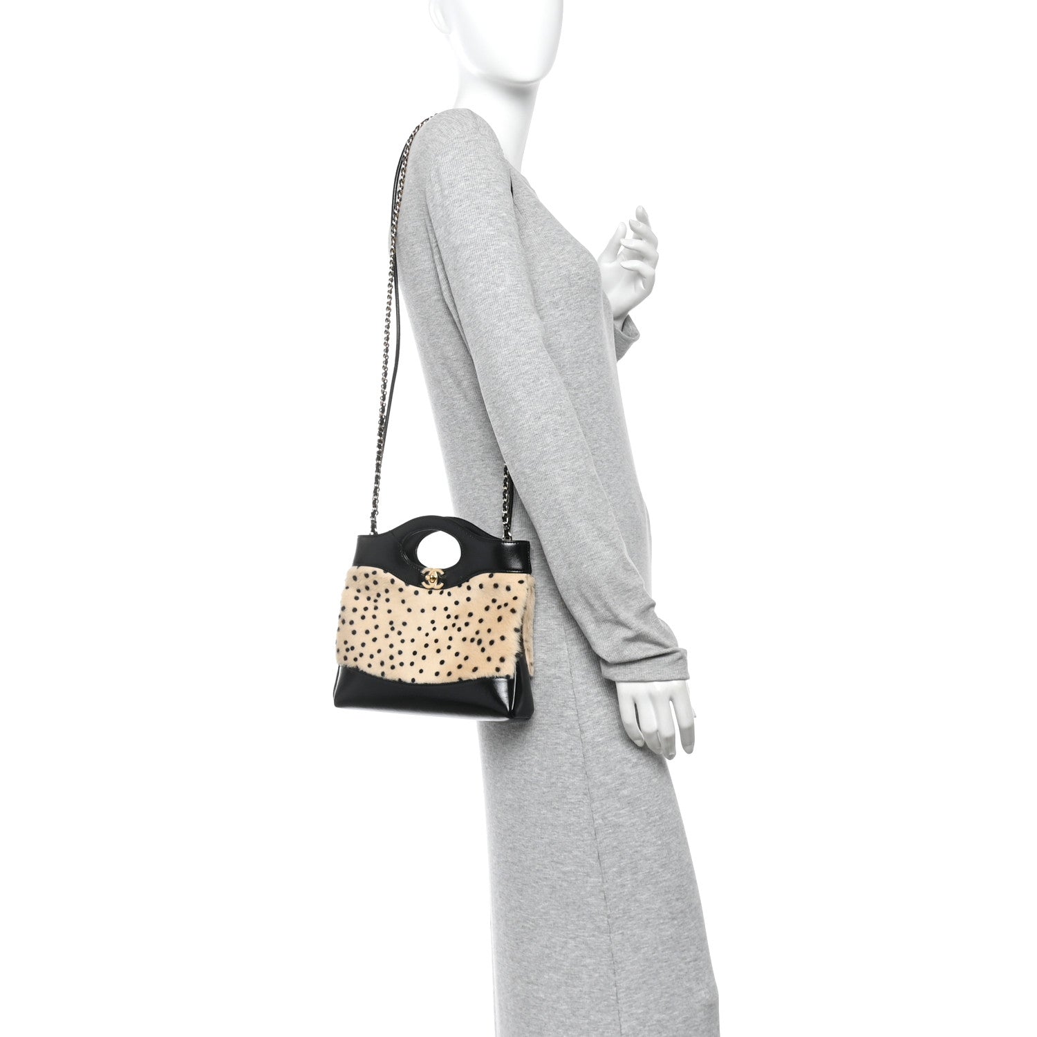 Chanel Shiny Lambskin Pony Hair Cheetah Printed Mini 31 Shopping Bag Light Beige Black 2 of 11