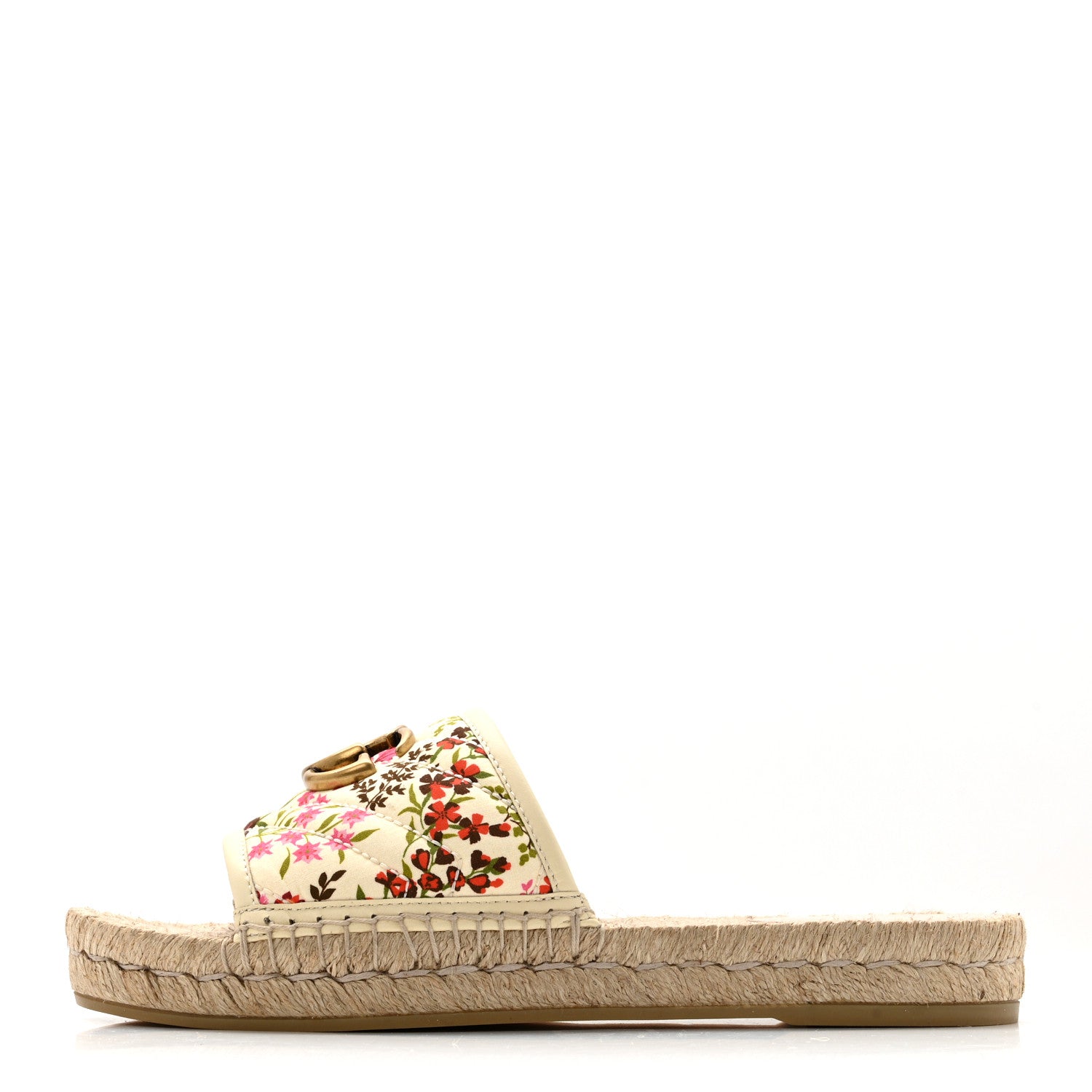Gucci Nappa Matelasse Diagonal Floral Print GG Marmont Pilar Espadrille Slide Sandals 37.5 Ivory Pink 1 of 13