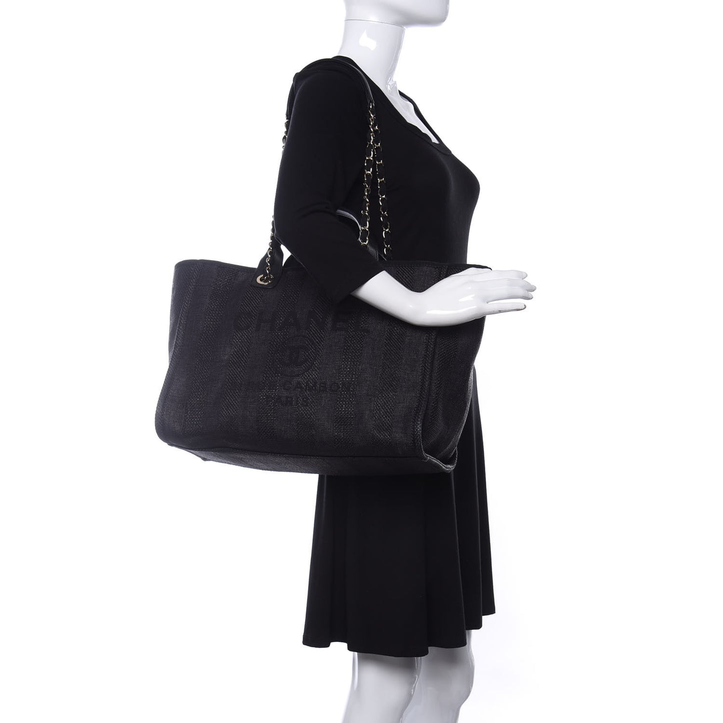 Mixed Fibers Calfskin Striped Medium Deauville Tote Black