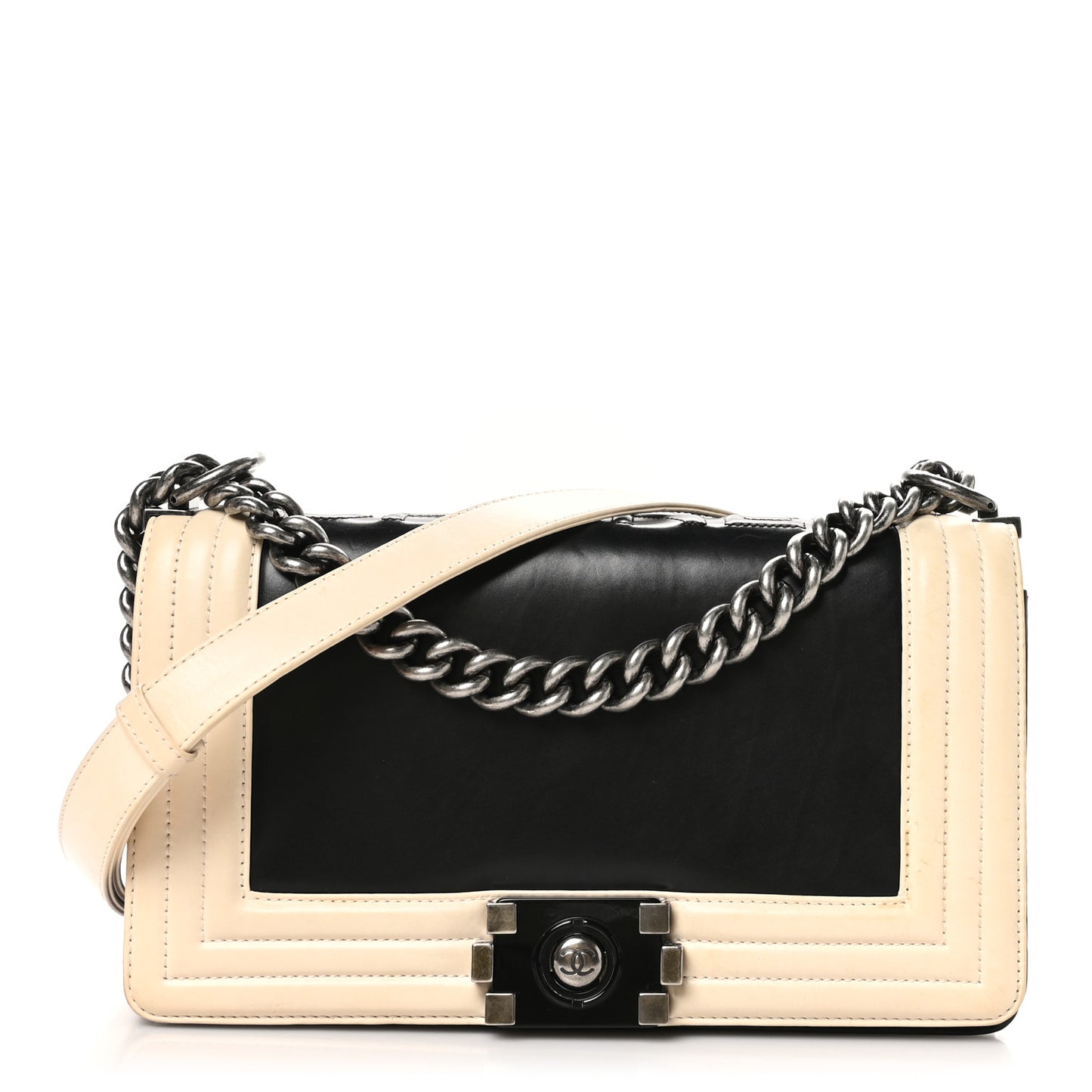 Glazed Calfskin Medium Boy Flap Black White