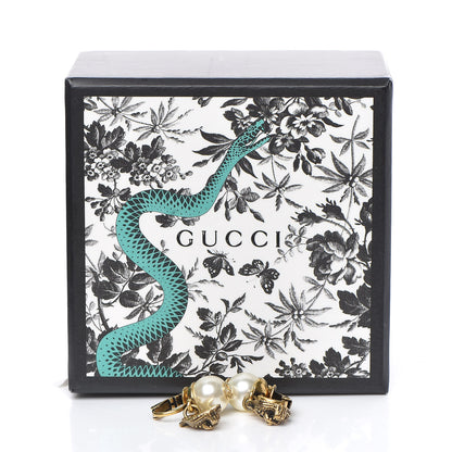 Gucci Metal Crystal Resin Pearl Feline Clip On Earrings Aged Gold 5 of 5