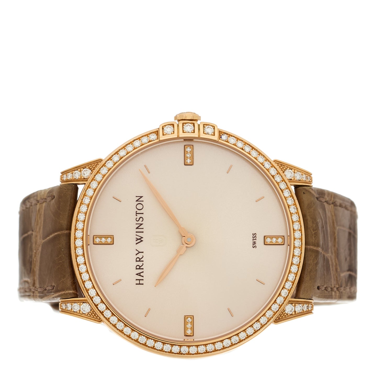 18K Rose Gold Alligator Diamond Bezel 39mm Midnight Quartz Watch Champagne
