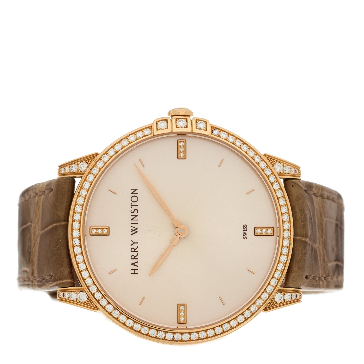 Harry Winston 18K Rose Gold Alligator Diamond Bezel 39mm Midnight Quartz Watch Champagne 2 of 4