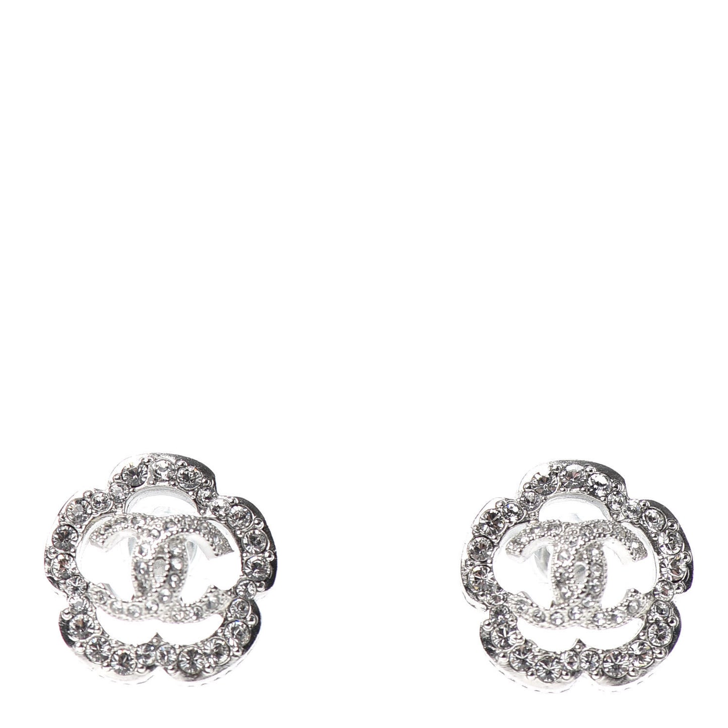 Crystal Coco Flapper Camellia CC Stud Earrings Silver