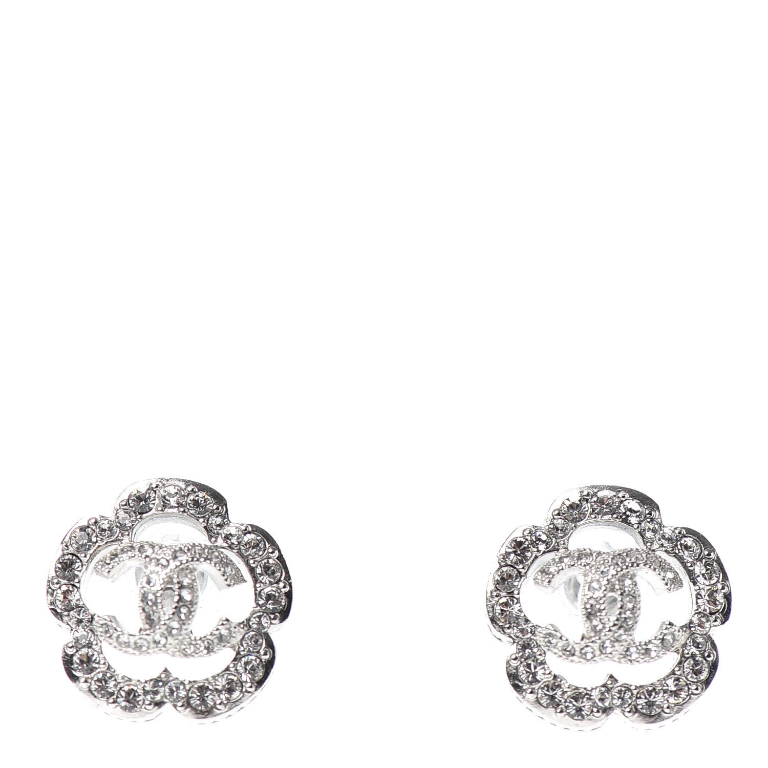 Chanel Crystal Coco Flapper Camellia CC Stud Earrings Silver 1 of 5