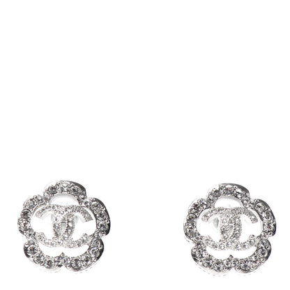 Chanel Crystal Coco Flapper Camellia CC Stud Earrings Silver 1 of 5
