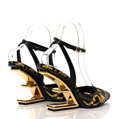 Fendi X VERSACE Silk Calfskin Fendace Fendi First 95mm Slingback Sandals 37 Tobacco Black Gold 4 of 8