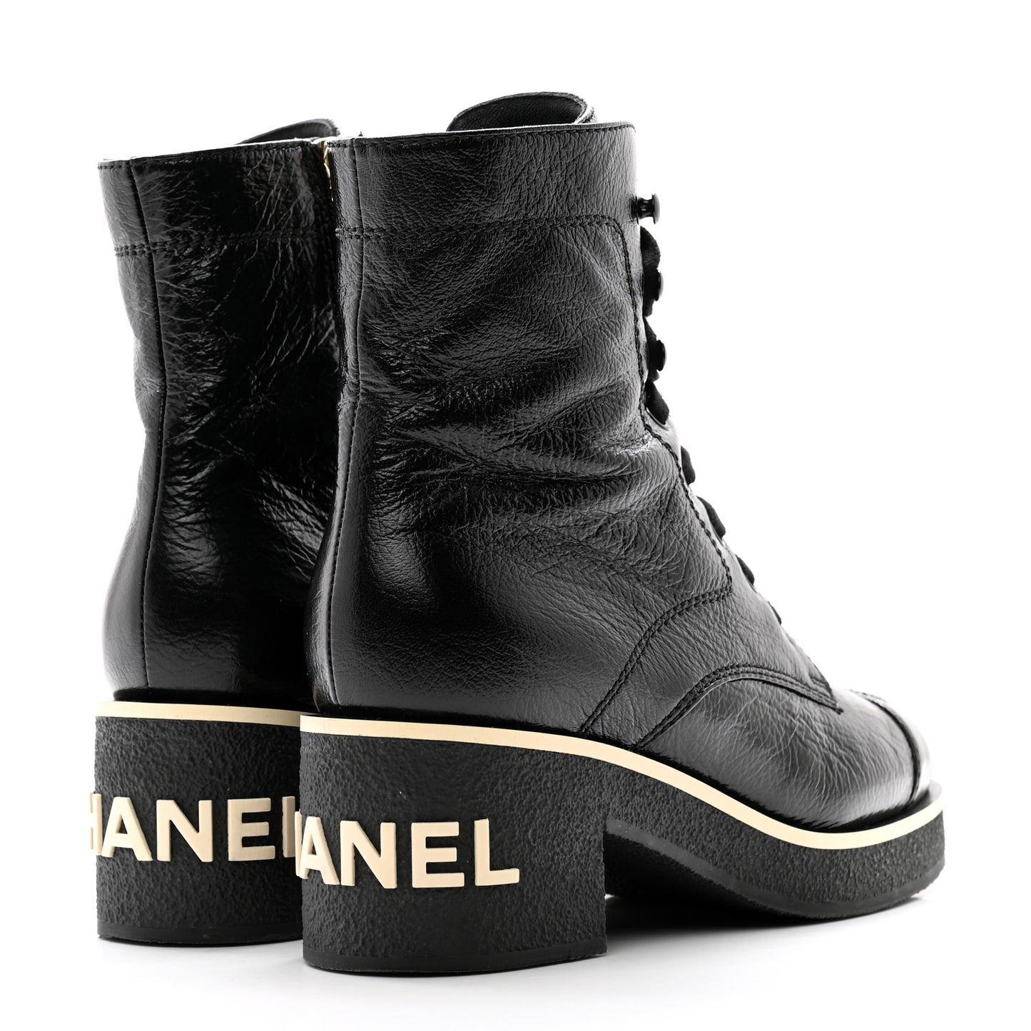 Shiny Crumpled Lambskin Lace Up Combat Boots 36 Black