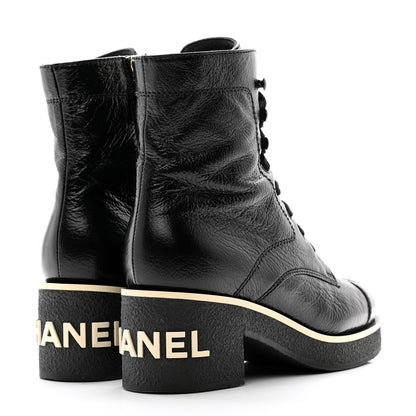 Chanel Shiny Crumpled Lambskin Lace Up Combat Boots 36 Black 4 of 10