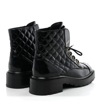 Chanel Shiny Goatskin Calfskin Quilted Lace Up Combat Boots 38 Black 4 of 11