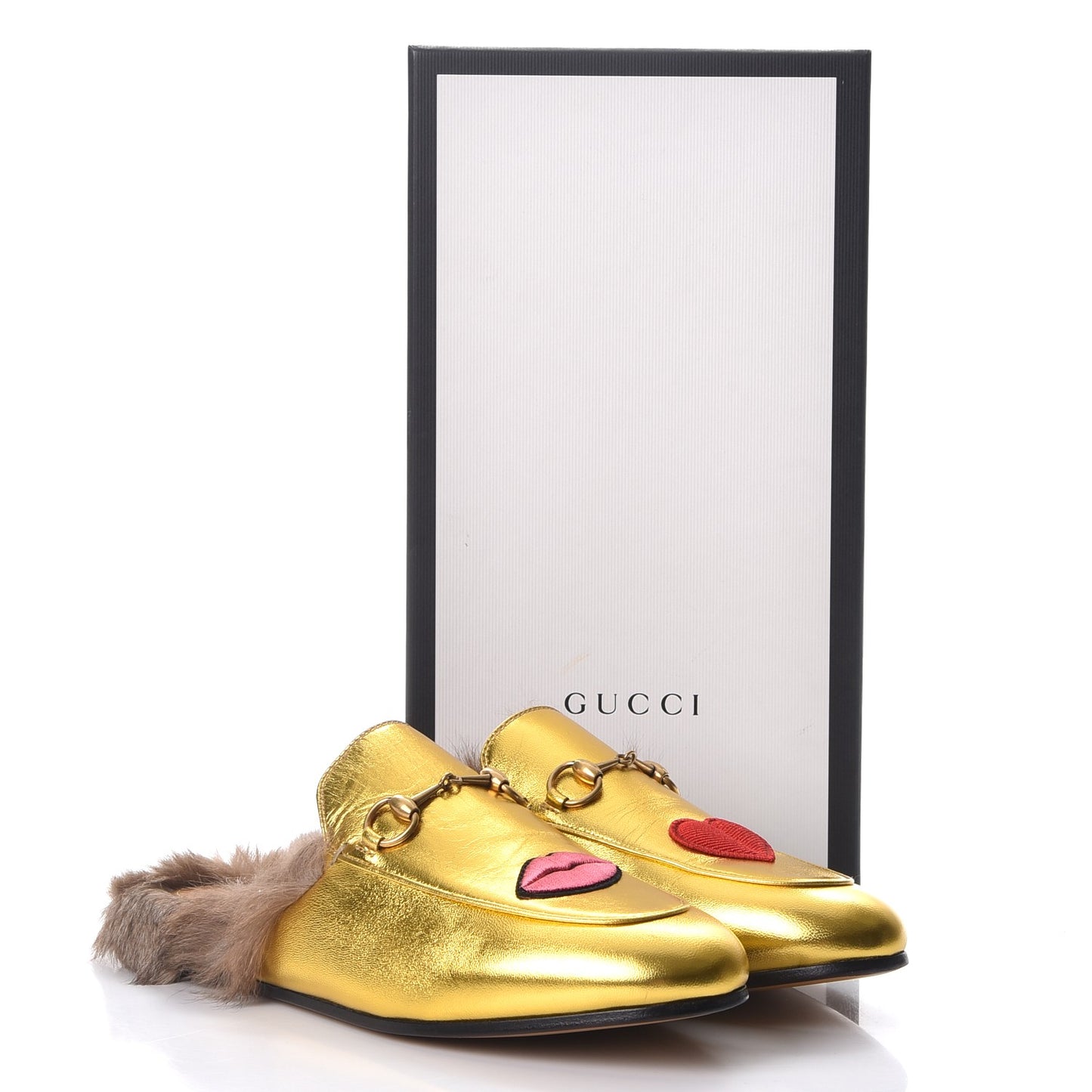 Metallic Nappa Fur Heart and Lips Womens Princetown Slippers 39.5 Gold