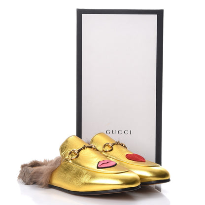 Gucci Metallic Nappa Fur Heart and Lips Womens Princetown Slippers 39.5 Gold 8 of 8