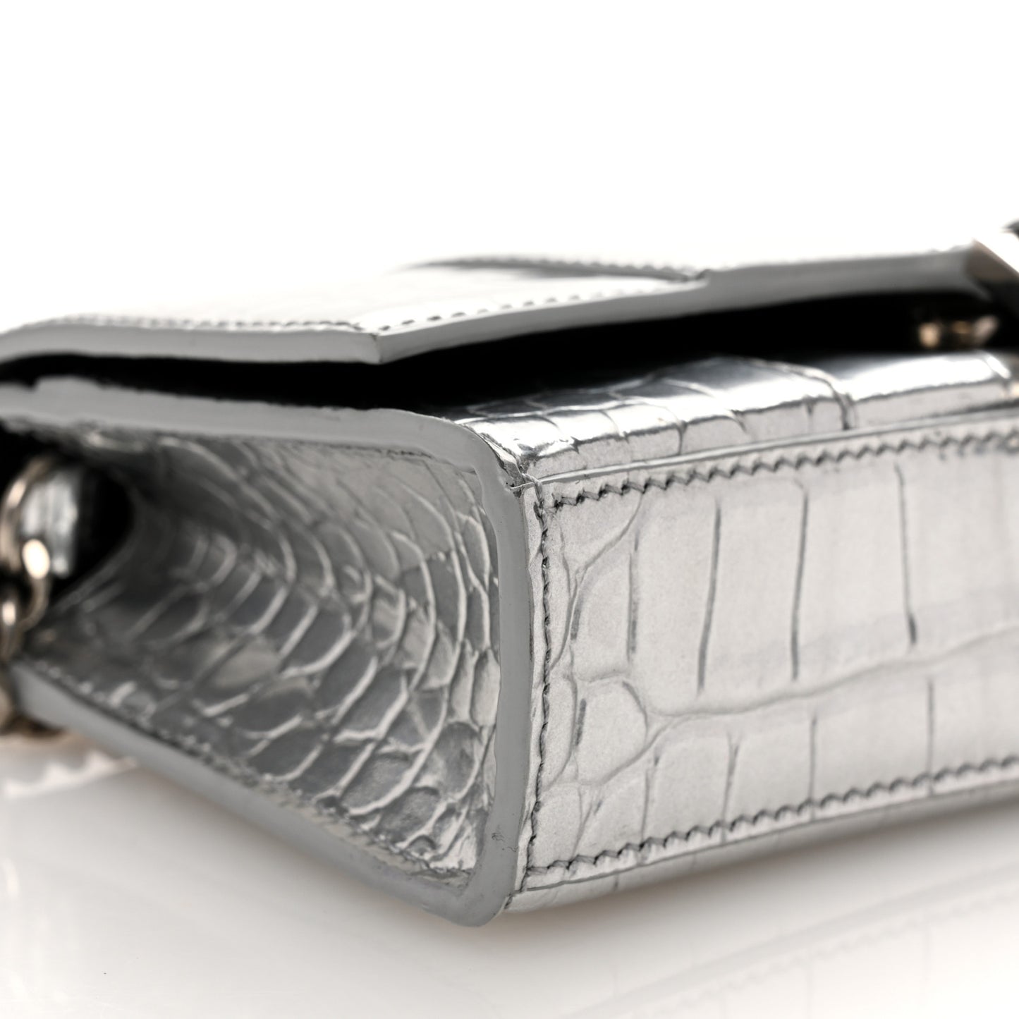 Metallic Calfskin Crocodile Embossed Hourglass Chain Bag Silver
