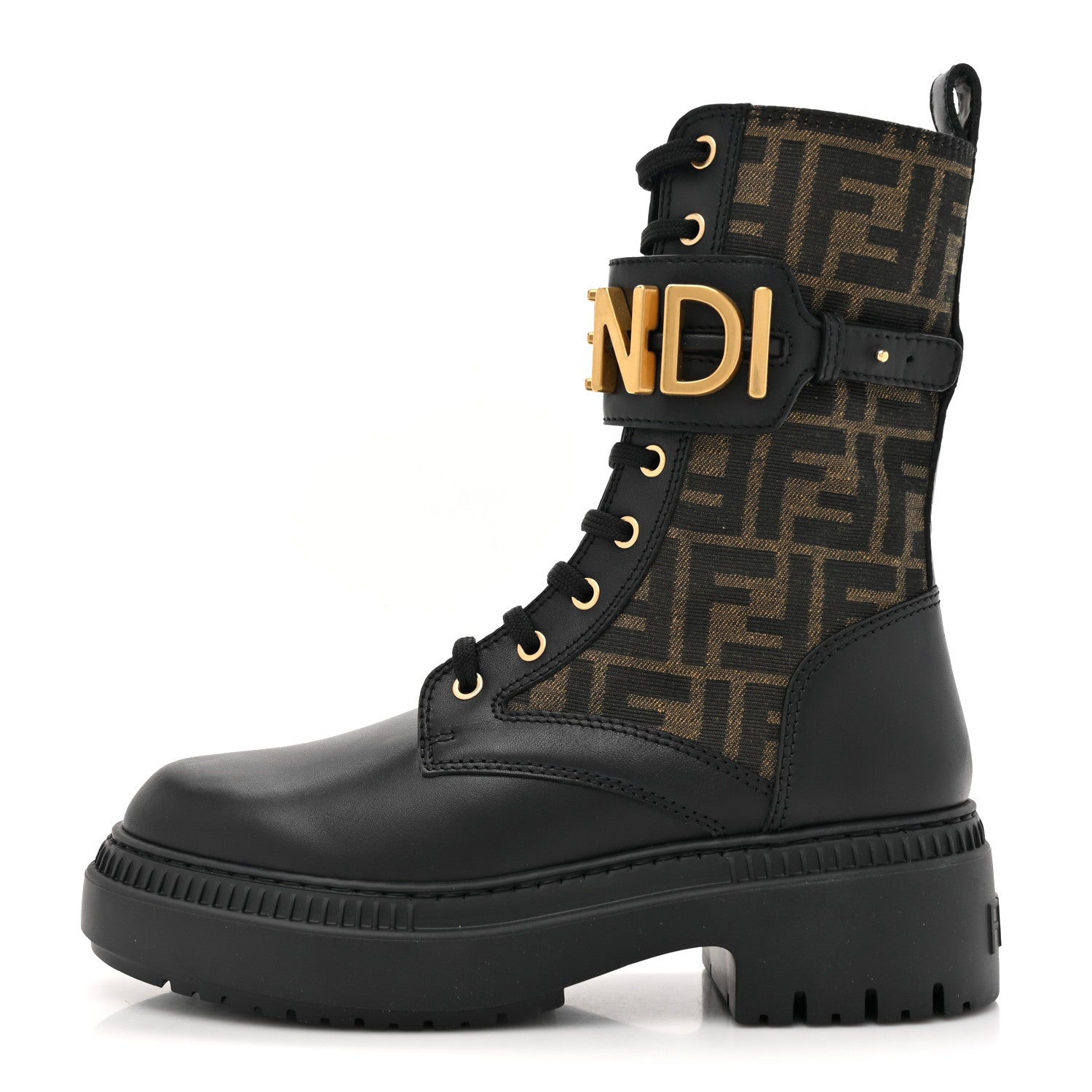 Fendi Vitello Fabric Jacquard FF Fendigraphy 50mm Biker Boots 38 Black Tobacco 1 of 10