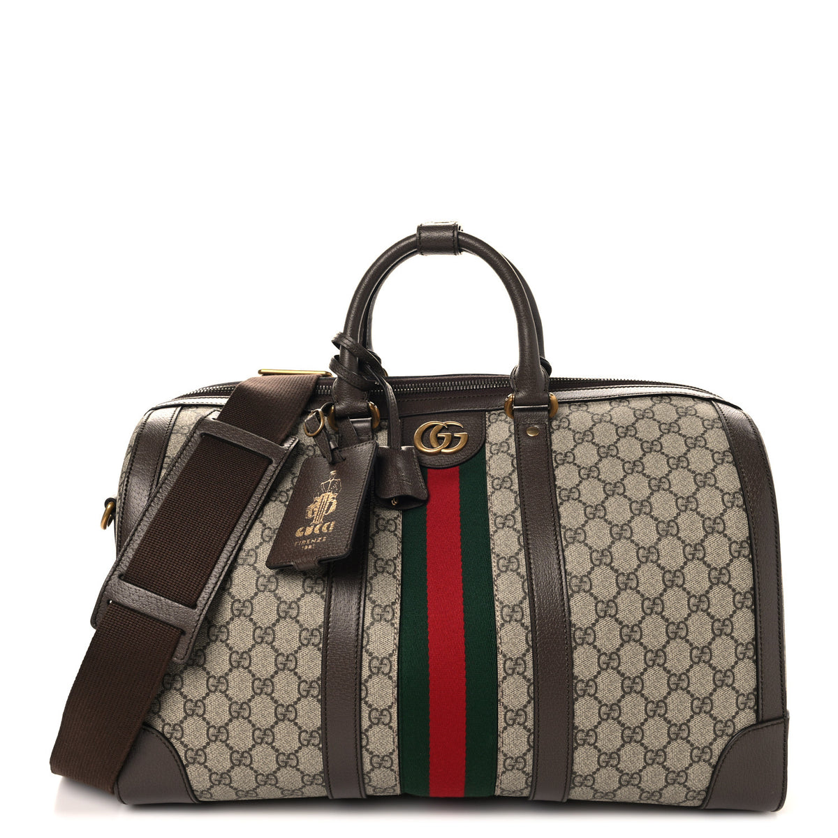 Gucci GG Supreme Monogram Textured Dollar Calfskin Web Medium Savoy Duffle Bag Beige Ebony New Acero 1 of 14