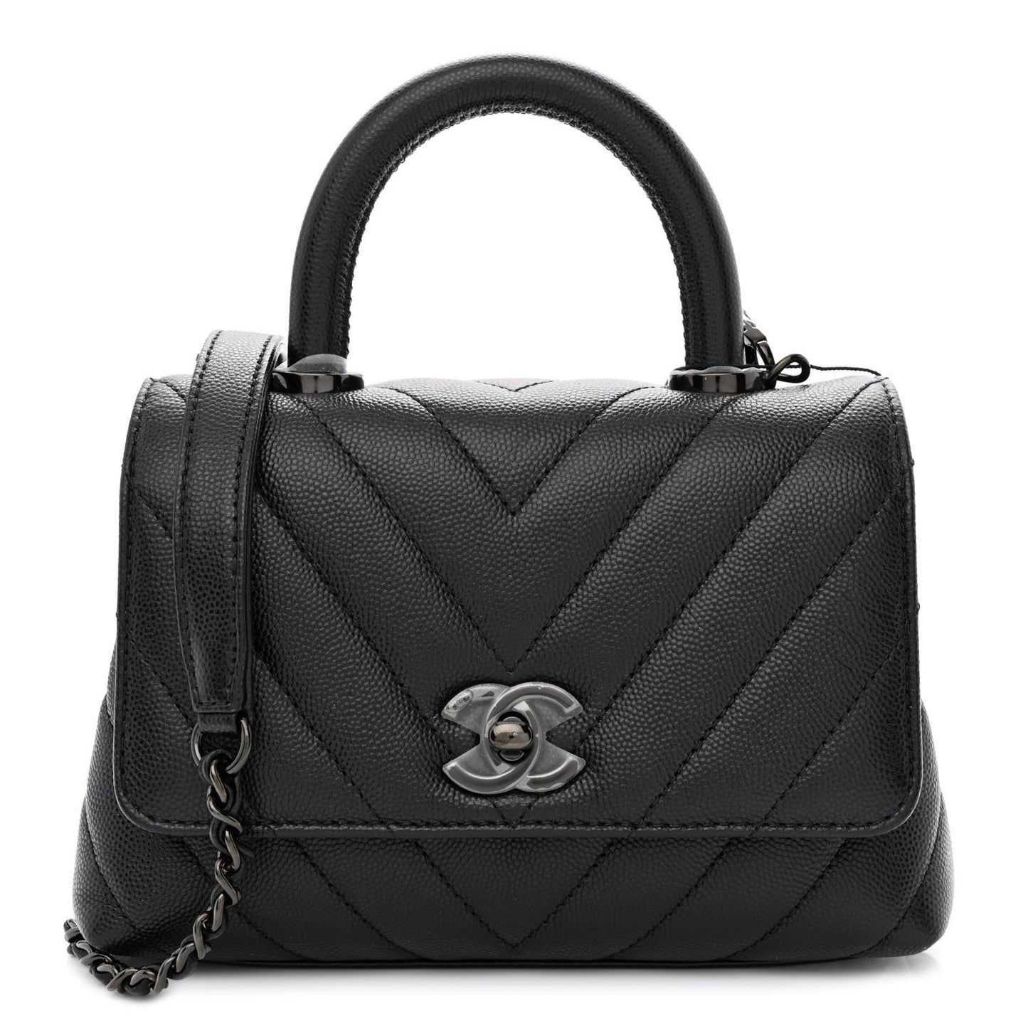 Caviar Chevron Quilted Extra Mini Coco Handle Flap So Black