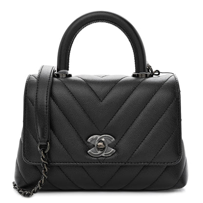 Chanel Caviar Chevron Quilted Extra Mini Coco Handle Flap So Black 1 of 10