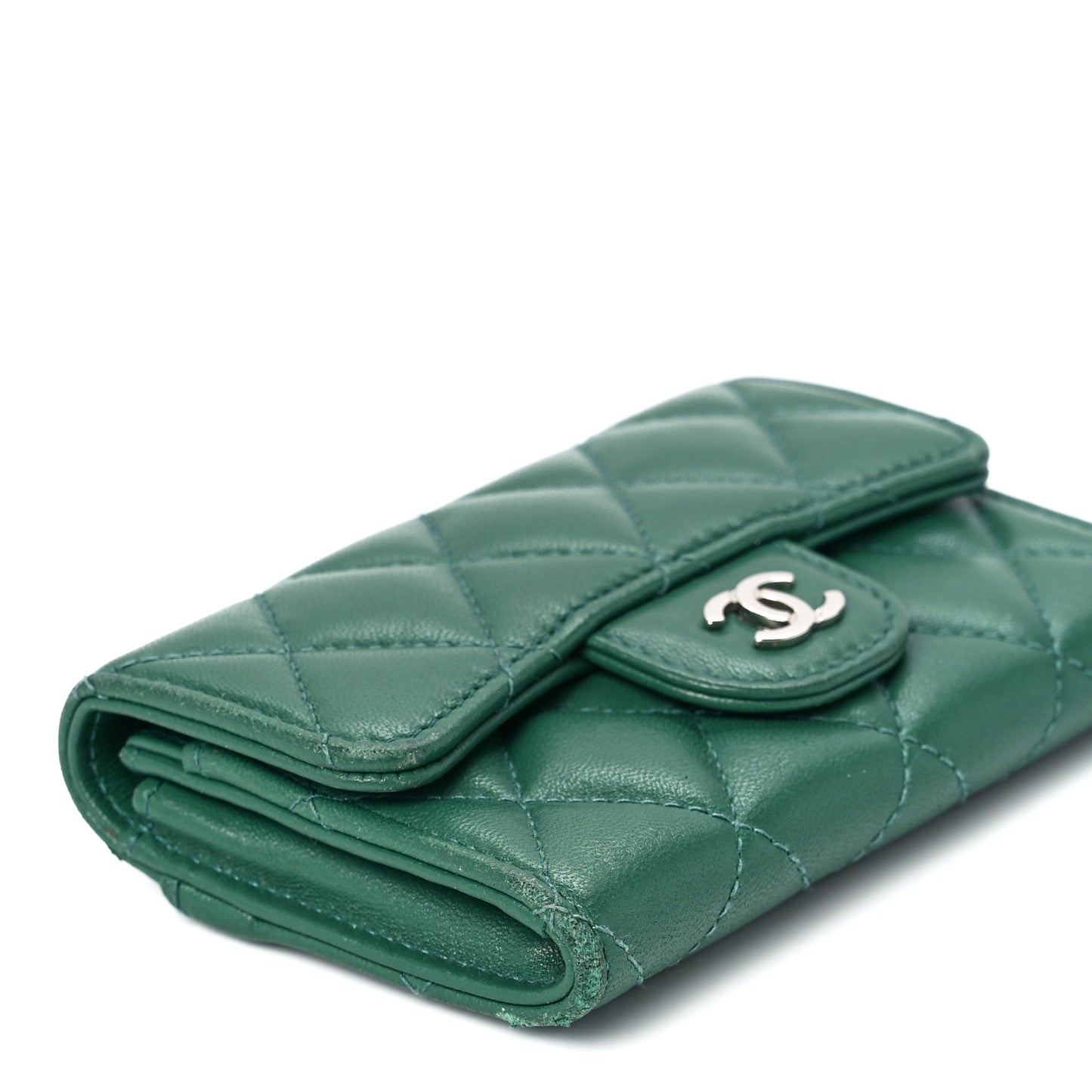 Lambskin Quilted Flap Card Holder Wallet Green