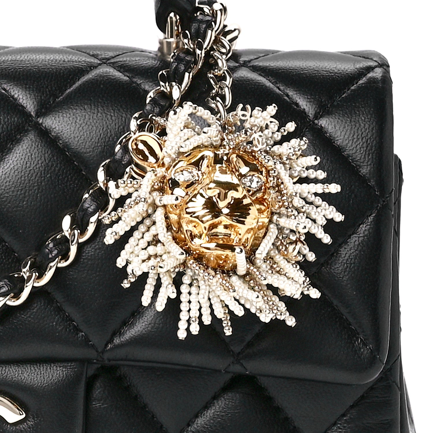 Chanel Lambskin Pearl Crystal Quilted Mini CC Lion Charm Top Handle Rectangular Flap Black 9 of 13