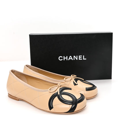 Chanel Lambskin Quilted CC Cambon Ballet Flats 39.5 Beige Black 10 of 10