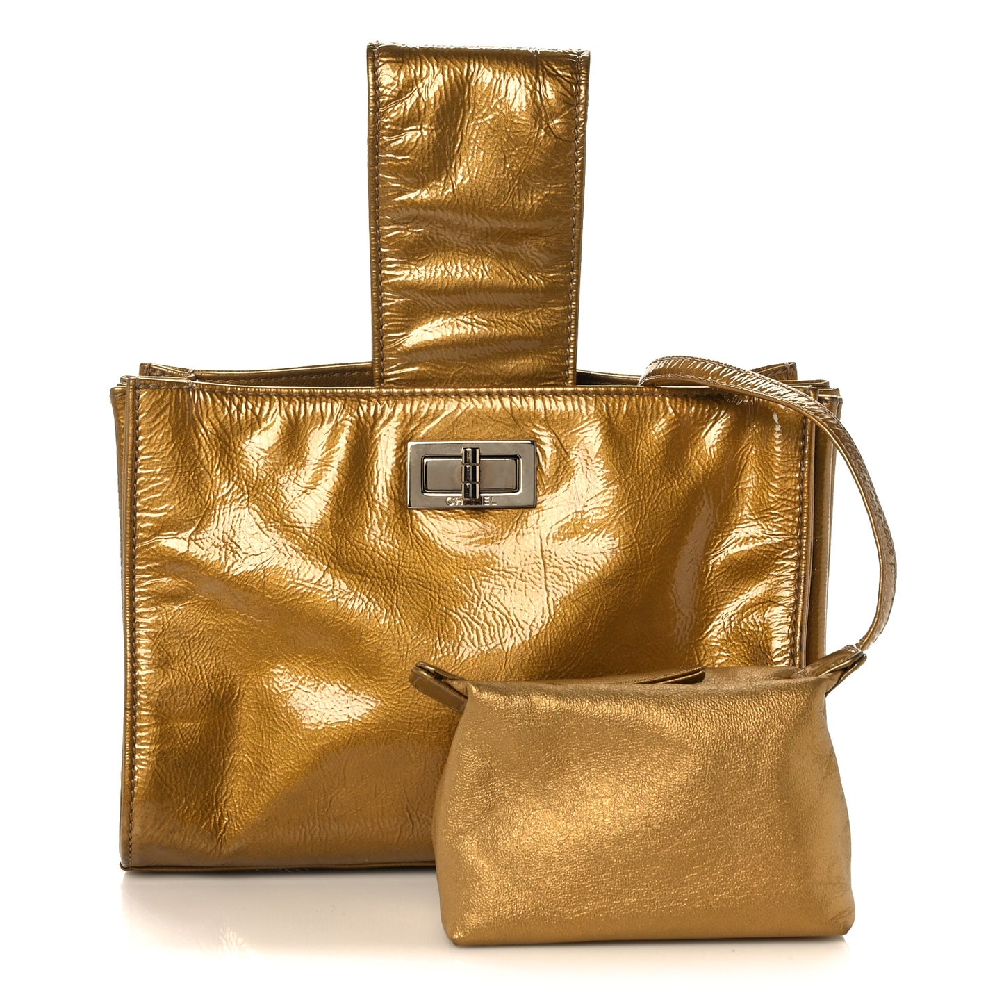 Metallic Patent Mademoiselle Lock Convertible Wrist Clutch Bag Gold