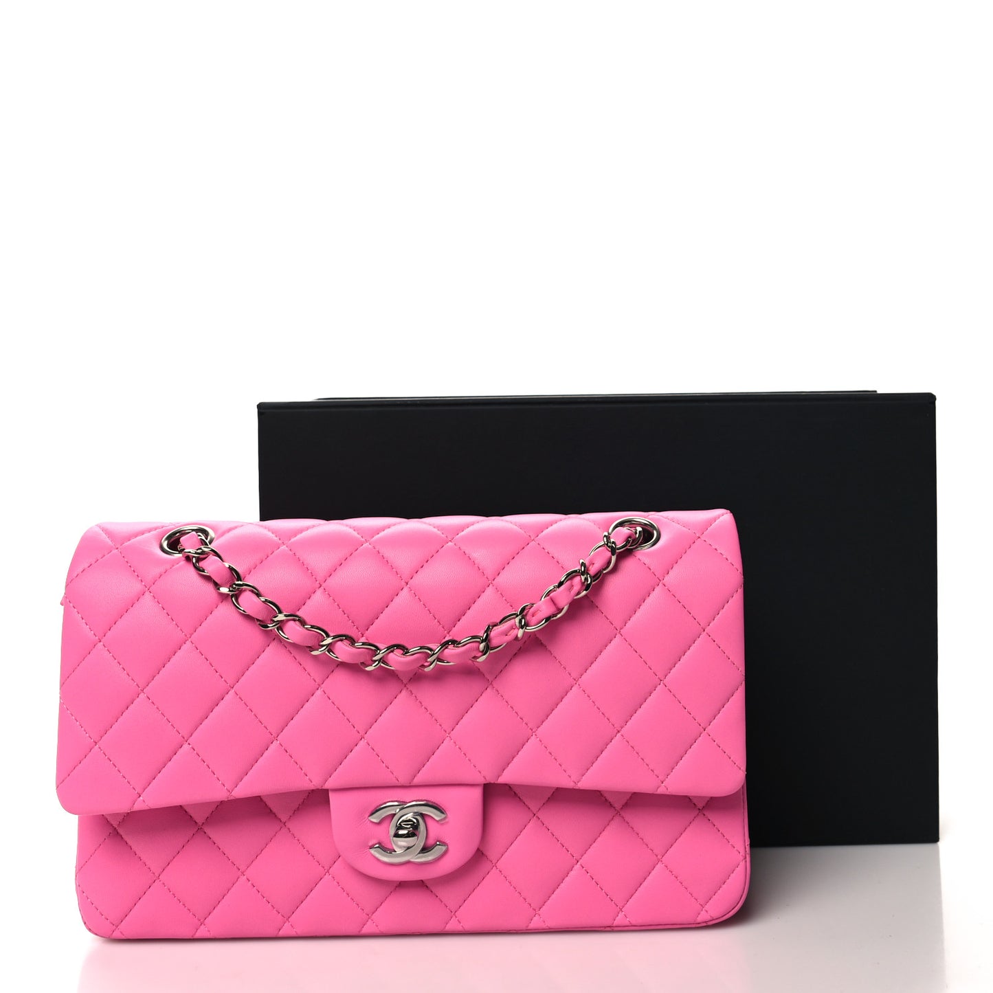 Lambskin Quilted Medium Double Flap Neon Pink