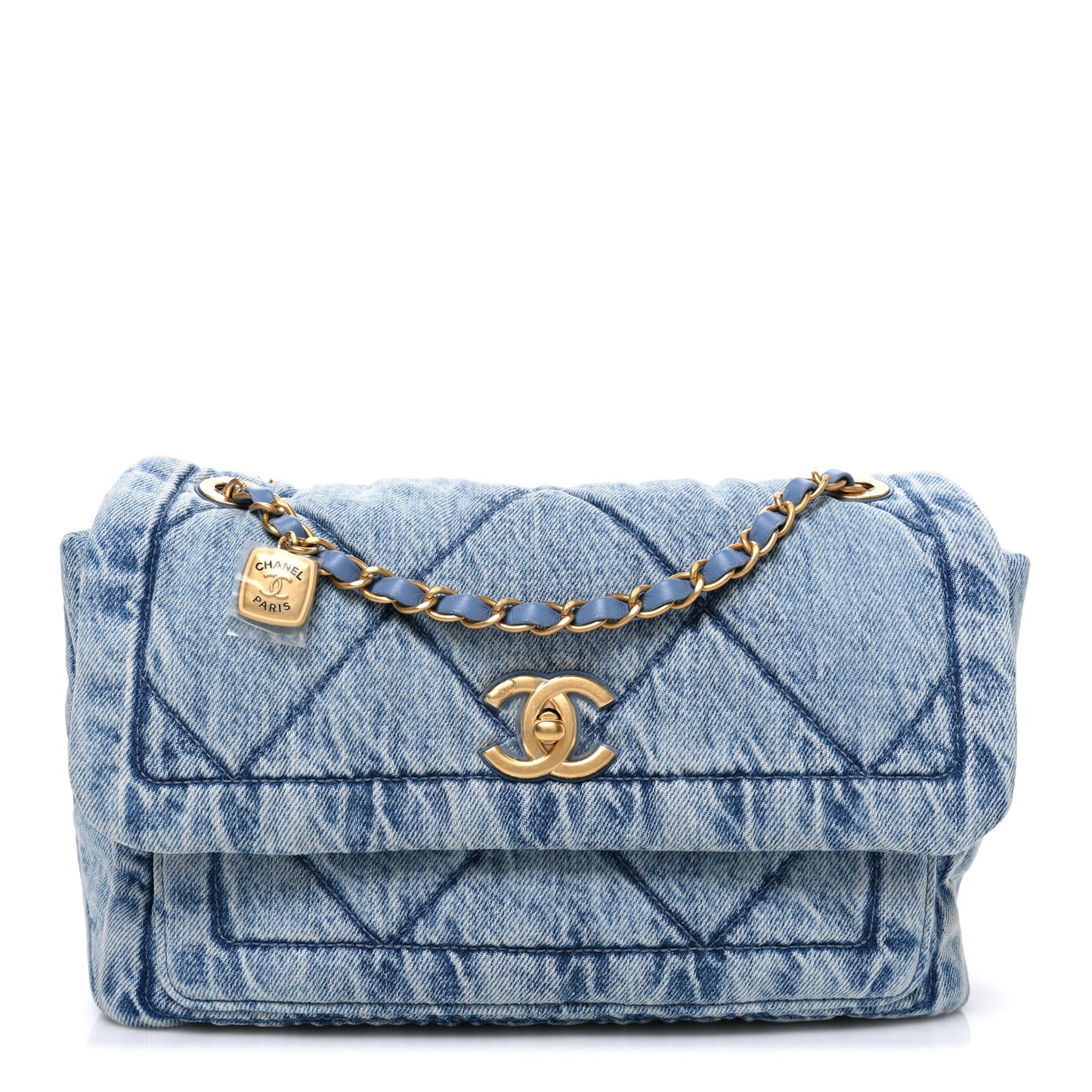 Washed Denim Quilted Large Flap Bag Blue