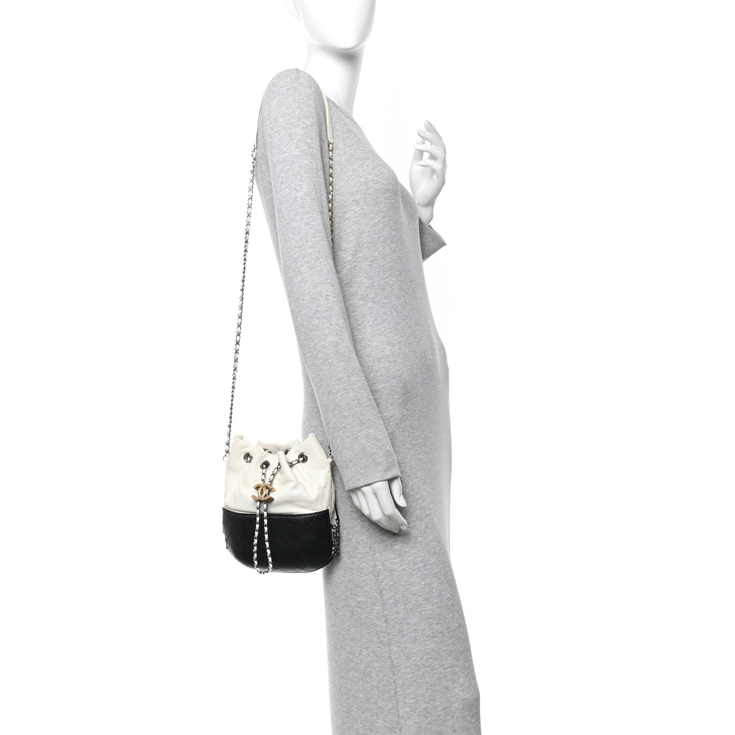 Aged Calfskin Quilted Small Gabrielle Bucket White Black