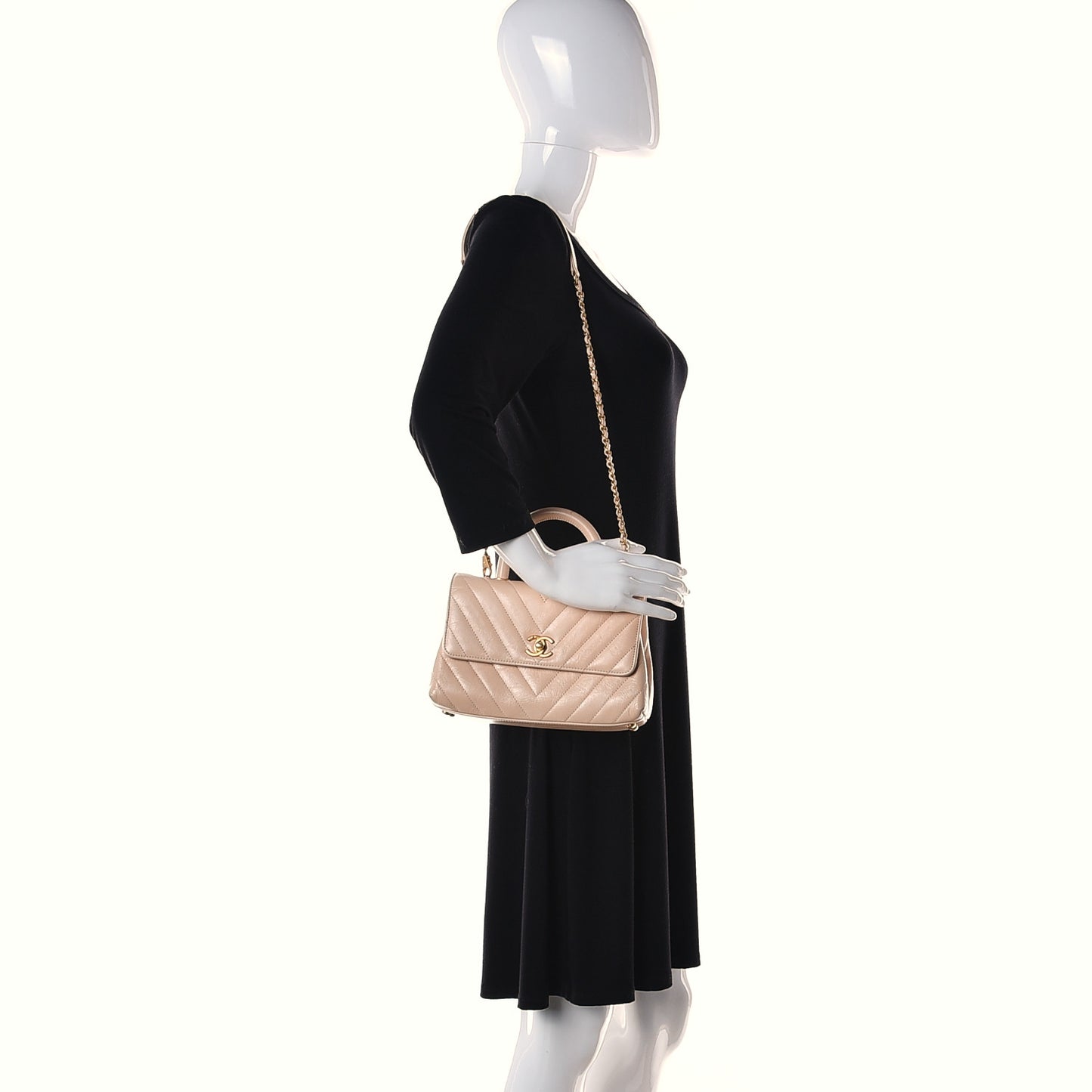 Calfskin Chevron Quilted Mini Coco Handle Flap Beige