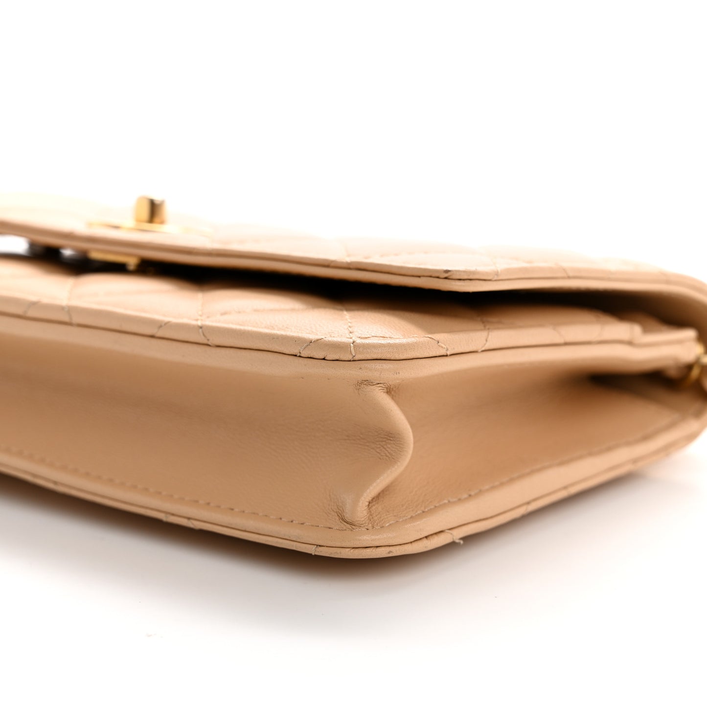 Lambskin Quilted CC Pearl Crush Wallet on Chain WOC Light Beige