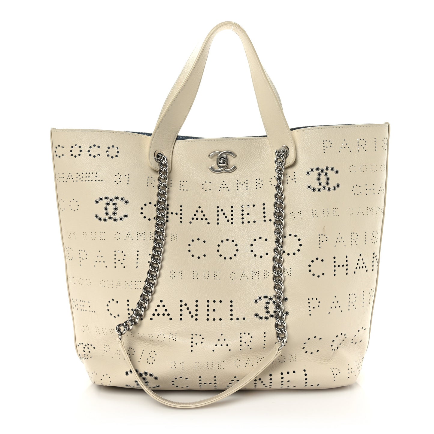 Calfskin Tweed Small Logo Eyelets Shopping Tote Beige