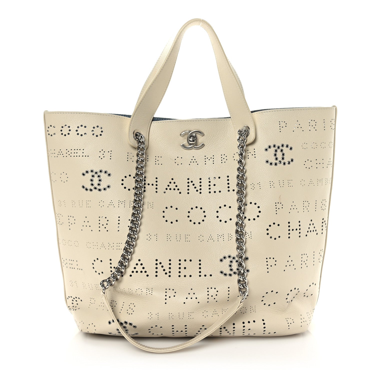 Chanel Calfskin Tweed Small Logo Eyelets Shopping Tote Beige 3 of 12
