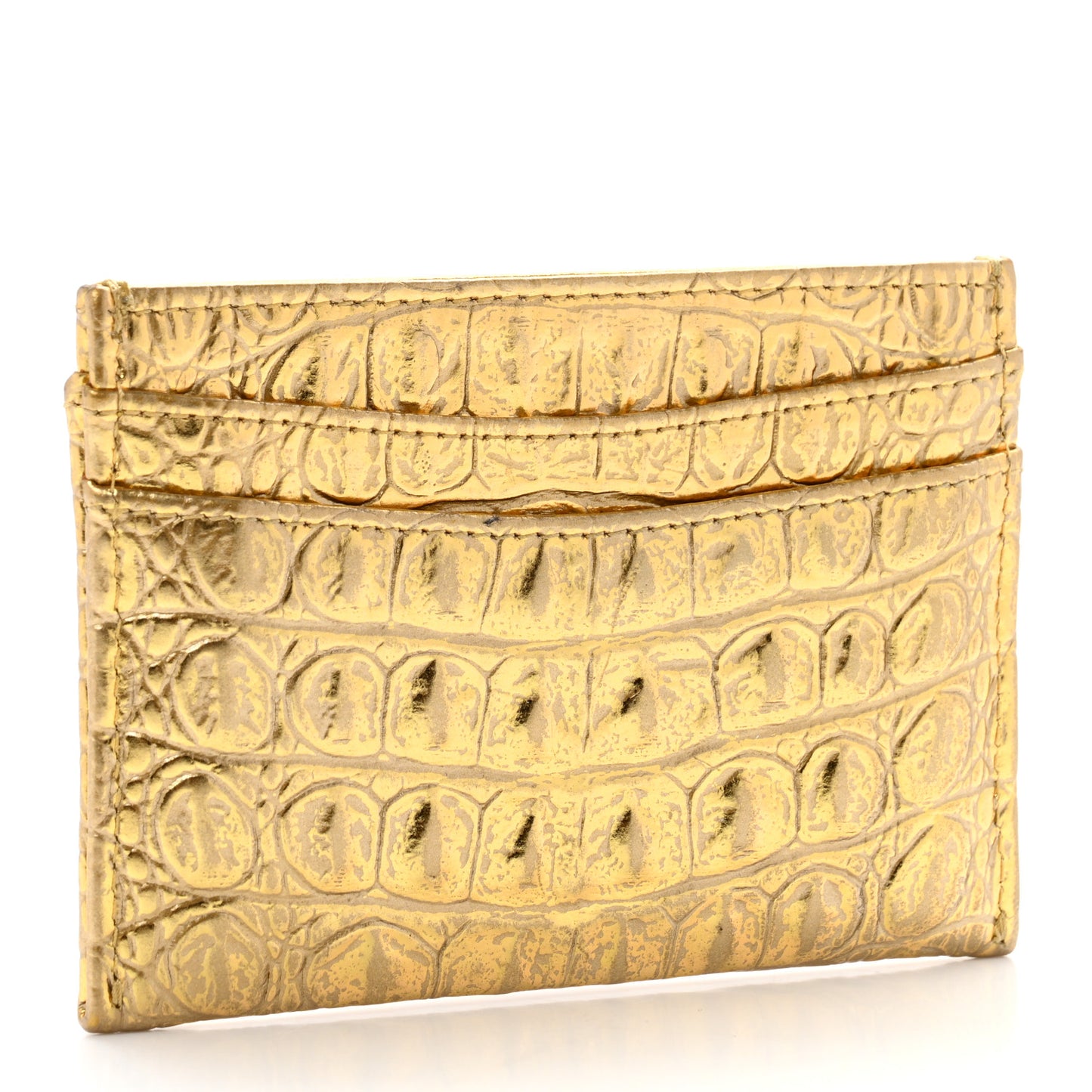 Metallic Calfskin Crocodile Embossed Cocodile Card Holder Gold