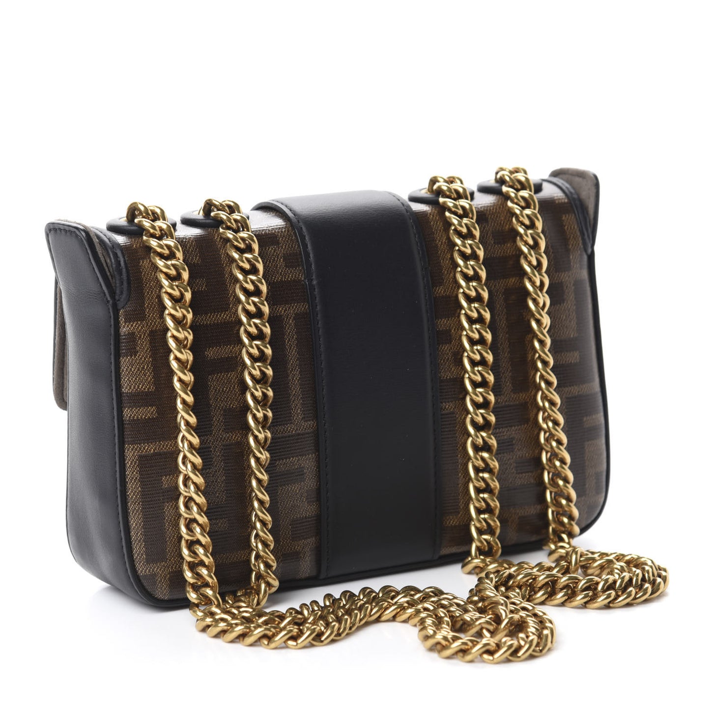 Glazed Fabric Vitello Century FF 1974 Stamp Patch Mini Double F Crossbody Bag Mogano Panna Black