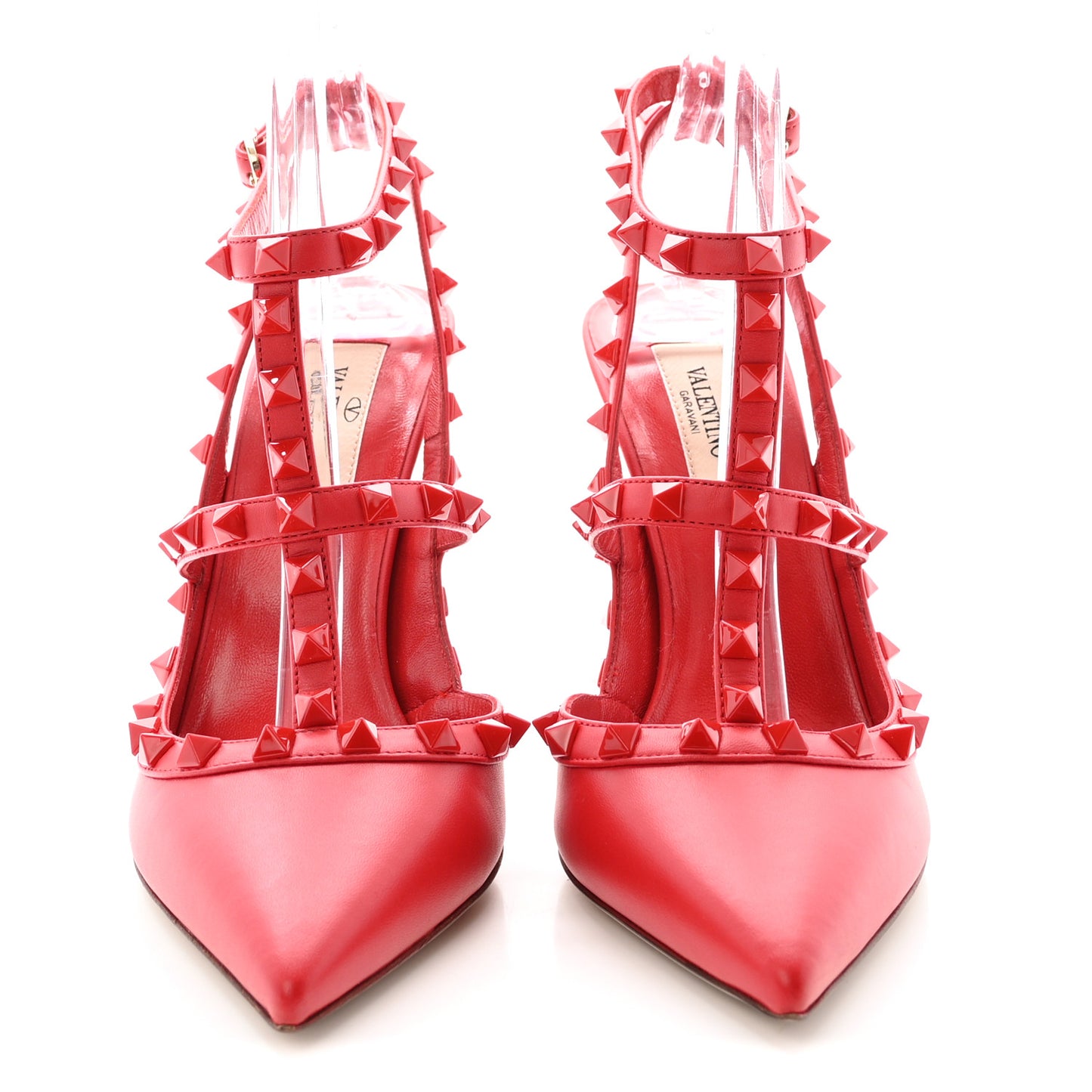 Calfskin Lacquered Monochrome Rockstud Ankle Strap 100mm Pumps 37.5 Rosso Valentino