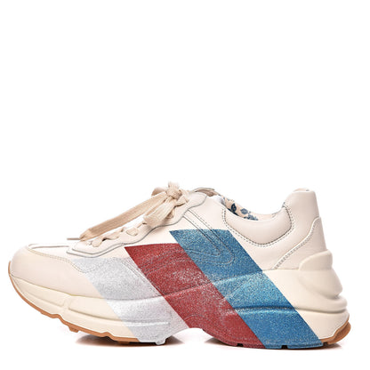 Gucci Calfskin Glitter Web Print Womens Rhyton Sneakers 35 Mystic White 1 of 10