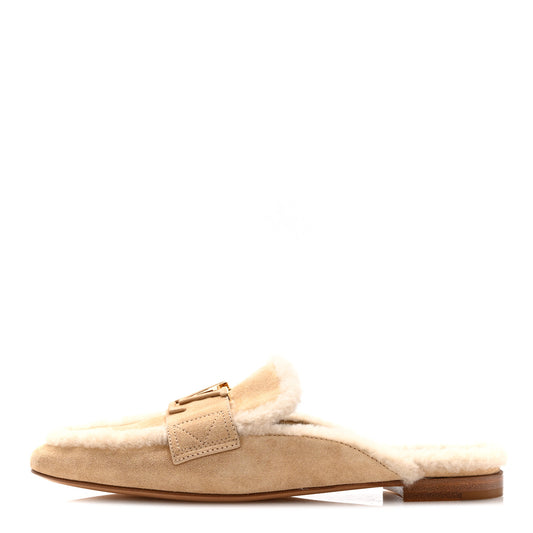 Shearling Suede LV Mare Open Back Loafer 39 Beige