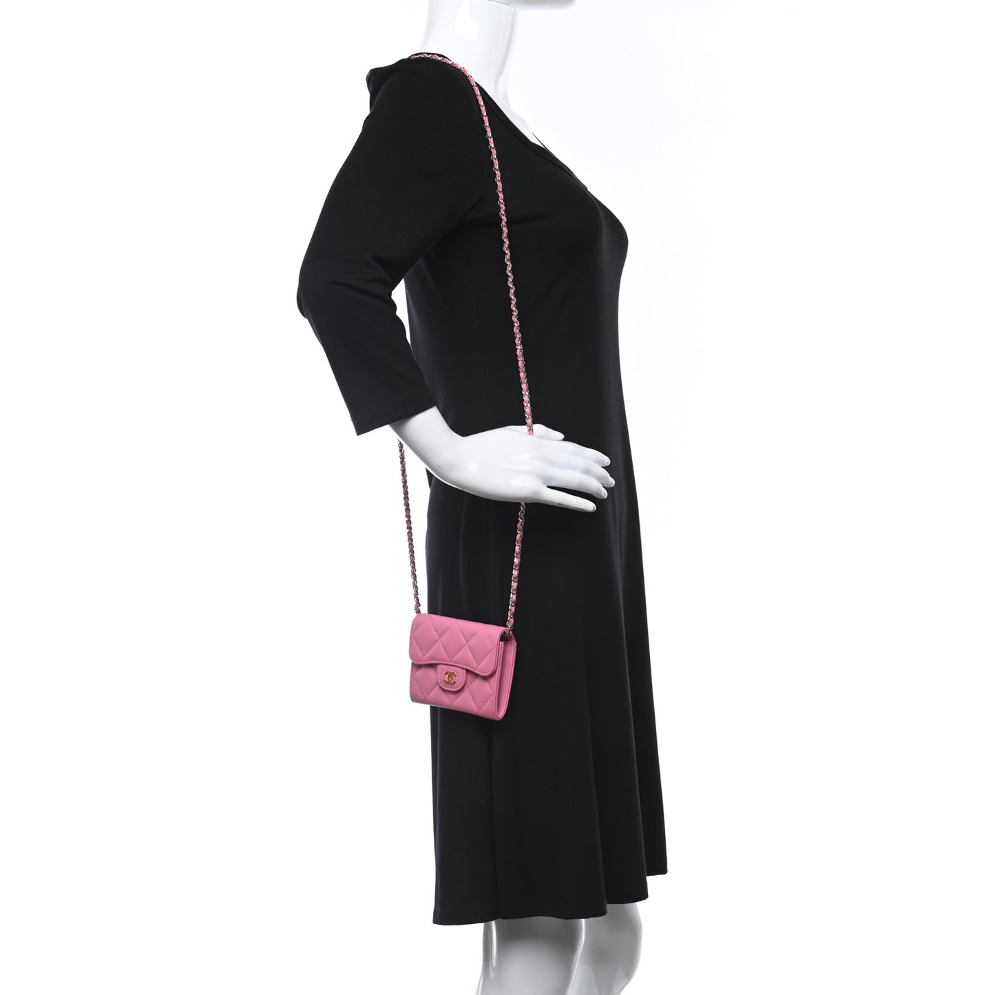 Caviar Quilted Flap Card Holder On Chain Pink