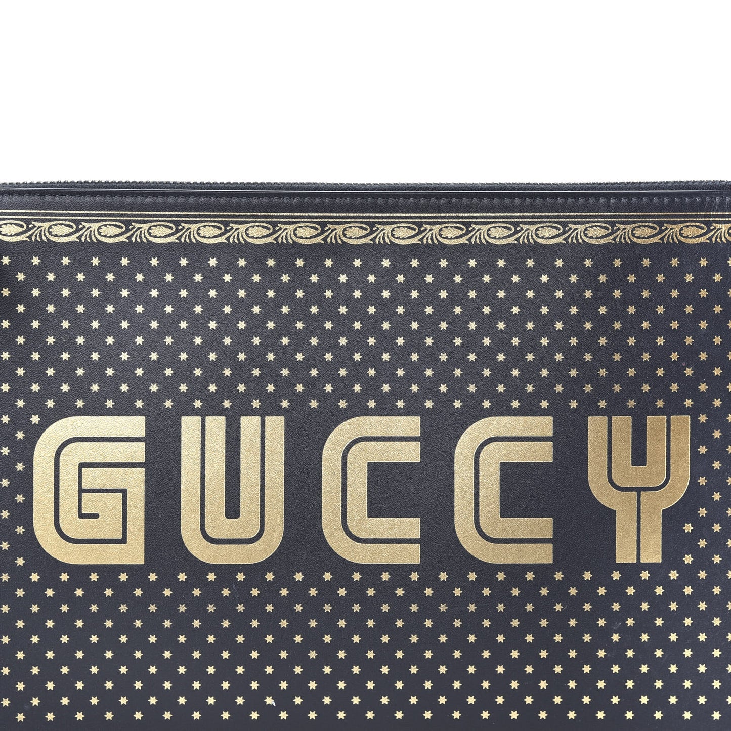 X SEGA Calfskin GUCCY Stars Zip Wristlet Pouch Black Gold