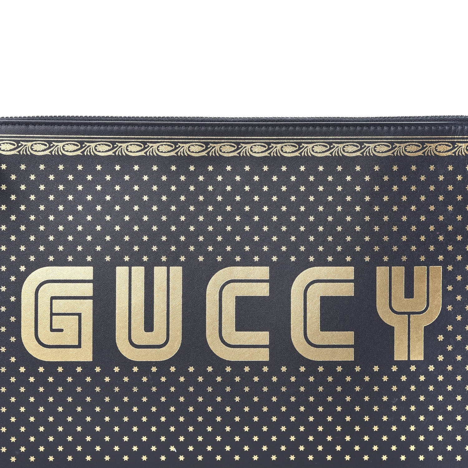 Gucci X SEGA Calfskin GUCCY Stars Zip Wristlet Pouch Black Gold 8 of 8