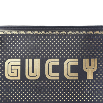 Gucci X SEGA Calfskin GUCCY Stars Zip Wristlet Pouch Black Gold 8 of 8