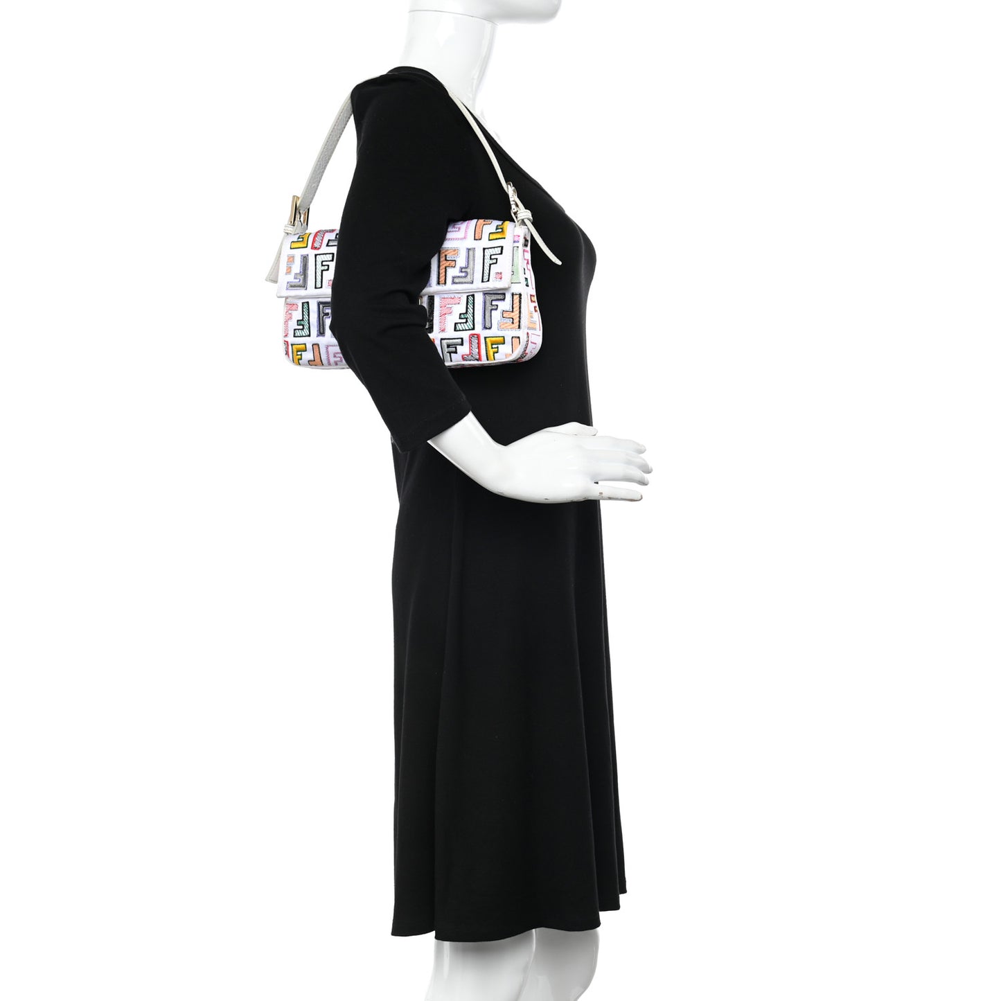 Nylon FF Multicolor Embroidered Baguette Multicolor White